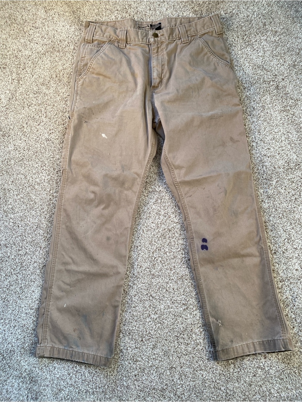 Distressed Carhartt B324 Relaxed Fit Utility Work Pants 36x30 Tan Canvas *FLAWS